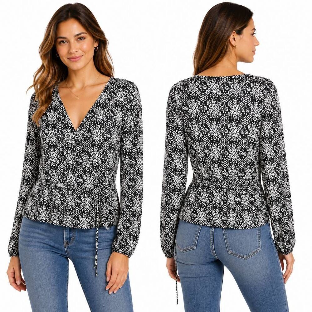 Gilli Boho Wrap Peplum Top Black White Large